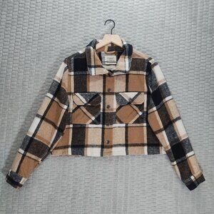 Ashley Outerwear Plaid Black White Tan Crop Shacket- Sz M
